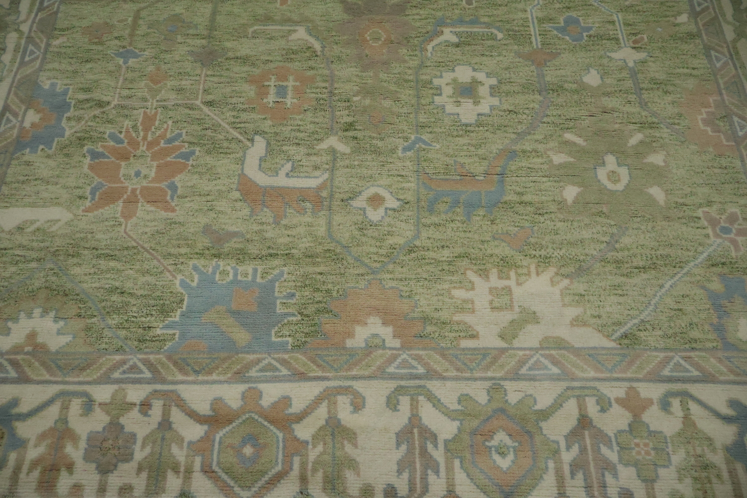 Green Traditional Oushak Hand-Knotted Wool Area Rug - 9x12