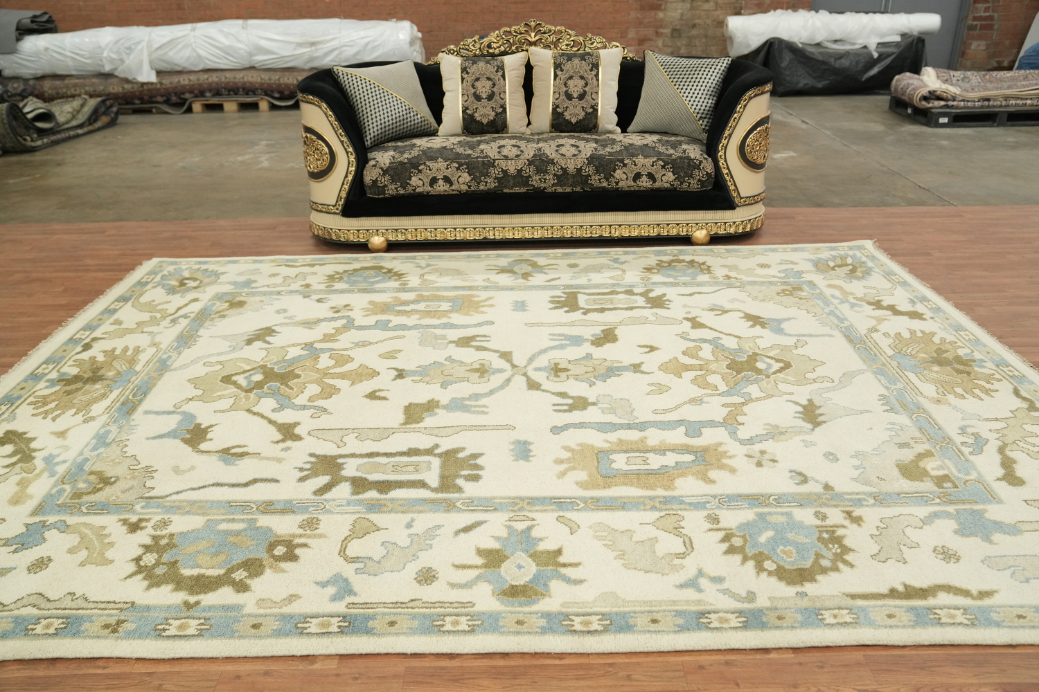Intricate Beige and Blue Rug with Exquisite Floral Motifs 9x12 ft