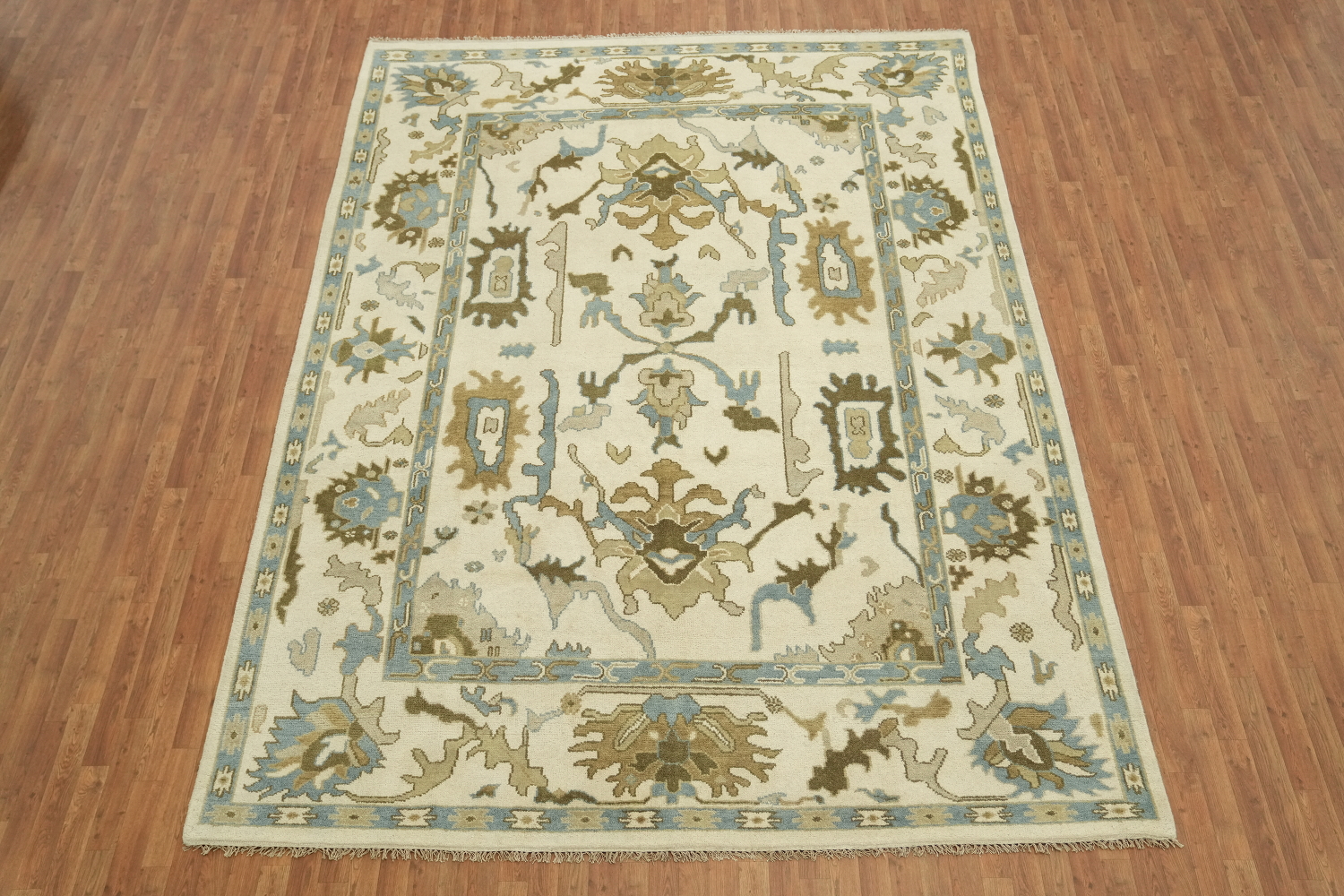 Intricate Beige and Blue Rug with Exquisite Floral Motifs 9x12 ft