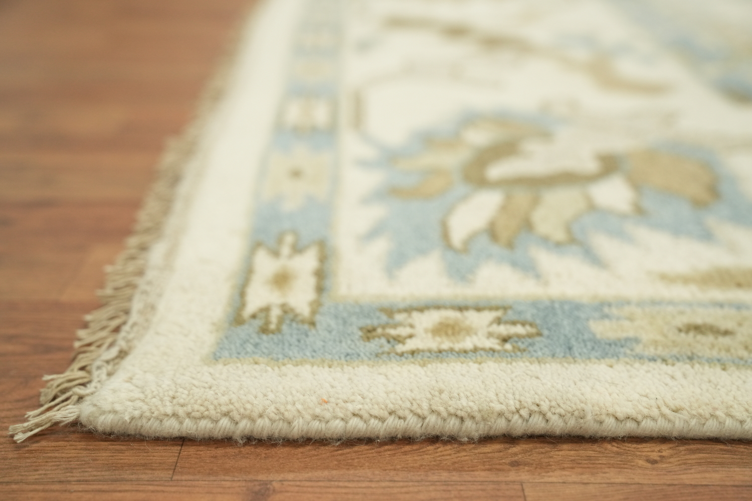 Intricate Beige and Blue Rug with Exquisite Floral Motifs 9x12 ft