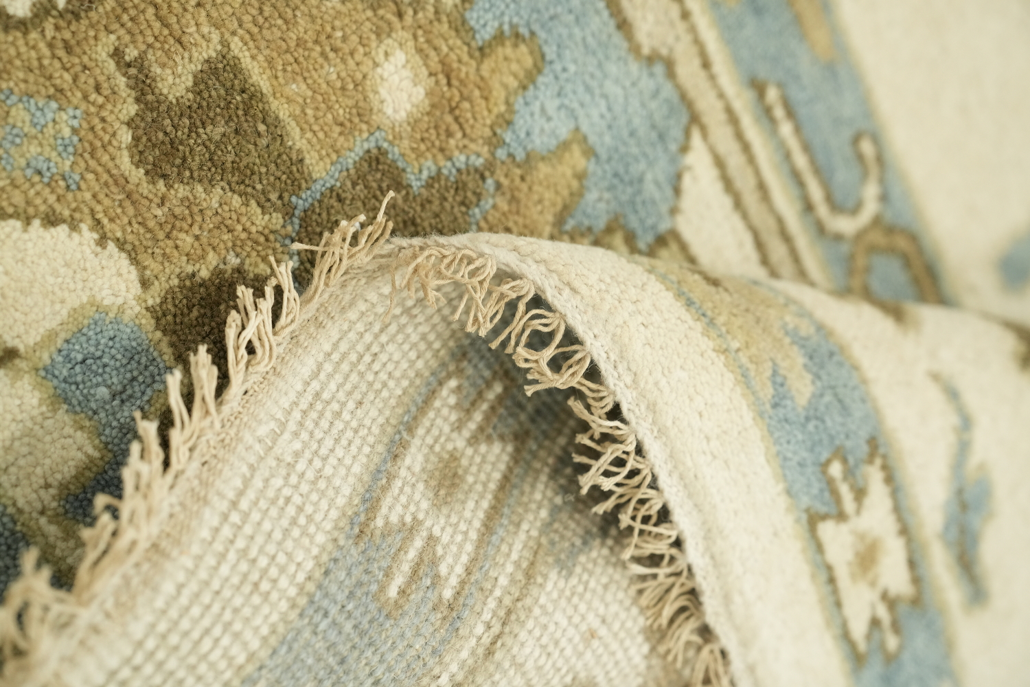Intricate Beige and Blue Rug with Exquisite Floral Motifs 9x12 ft