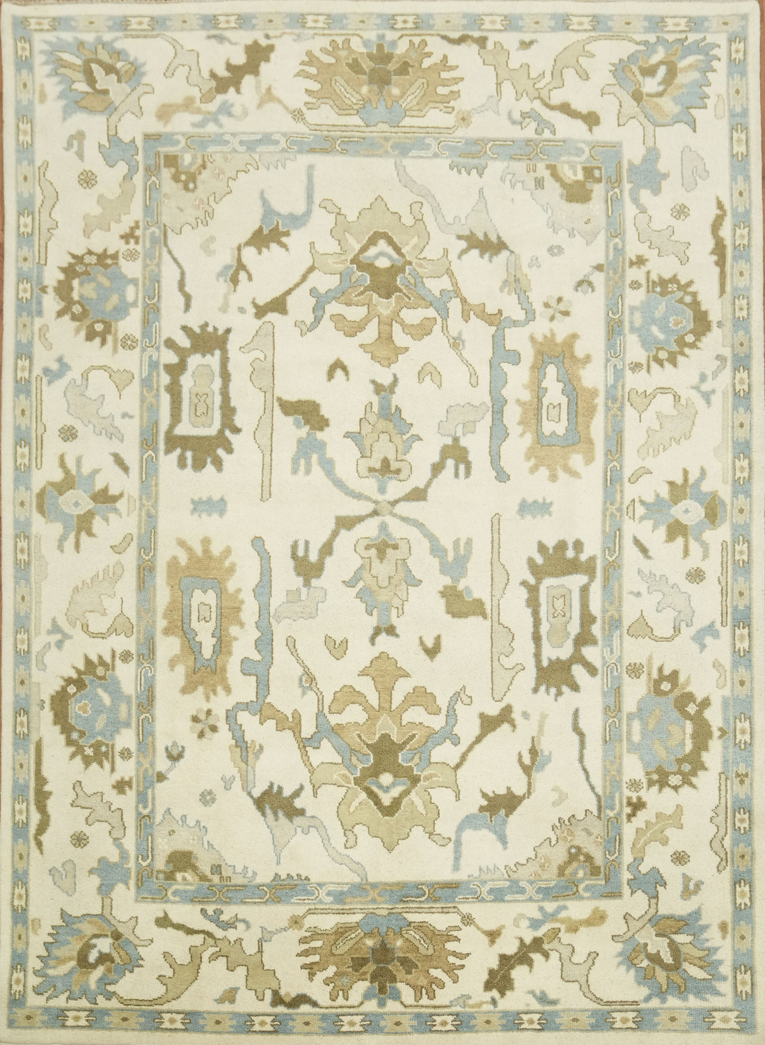 Intricate Beige and Blue Rug with Exquisite Floral Motifs 9x12 ft