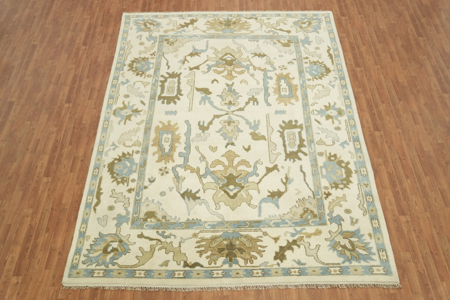 Intricate Beige and Blue Rug with Exquisite Floral Motifs 9x12 ft