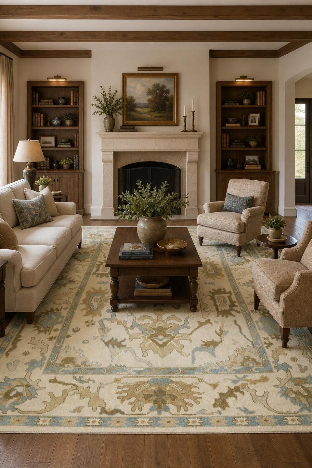 Intricate Beige and Blue Rug with Exquisite Floral Motifs 9x12 ft
