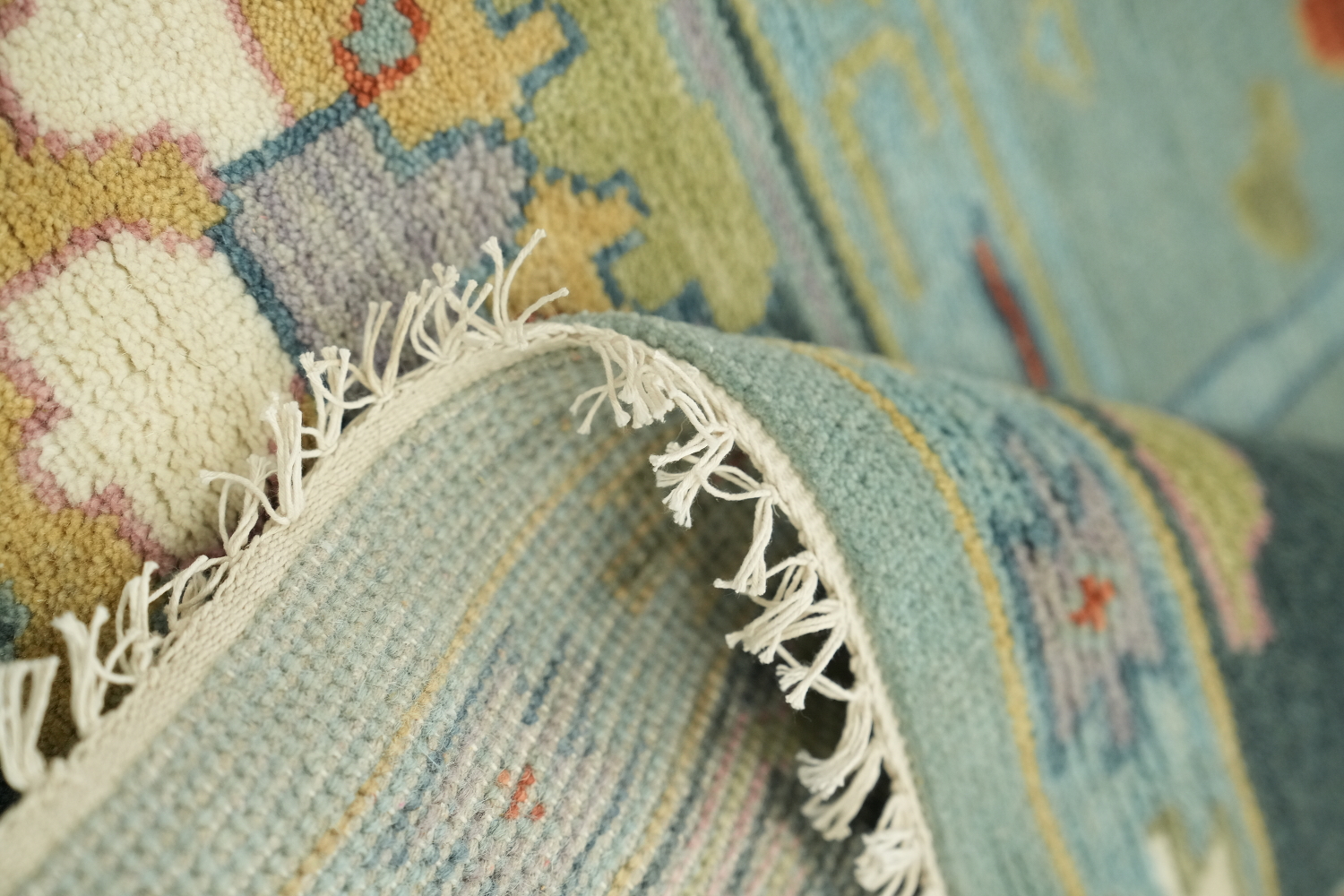 Exquisite Oushak Wool Rug in soft pastels and bold ornamental designs 8x10 ft