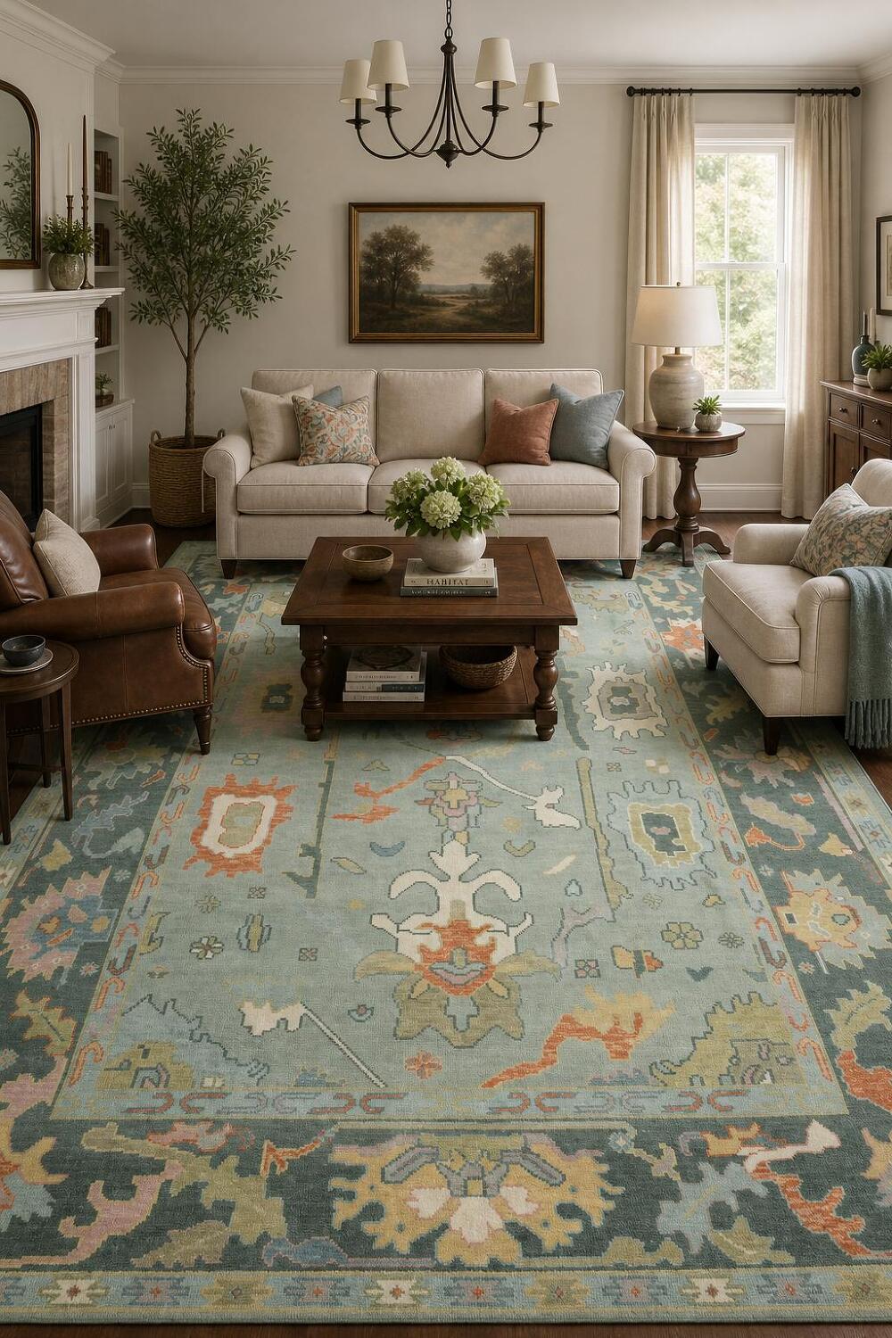 Exquisite Oushak Wool Rug in soft pastels and bold ornamental designs 8x10 ft