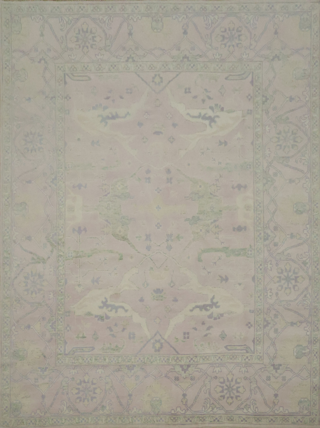 Soft Pink Hand-Knotted Wool Oushak Living Room Rug 9' x 12'
