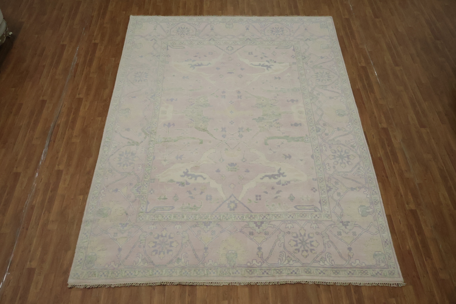 Soft Pink Hand-Knotted Wool Oushak Living Room Rug 9' x 12'