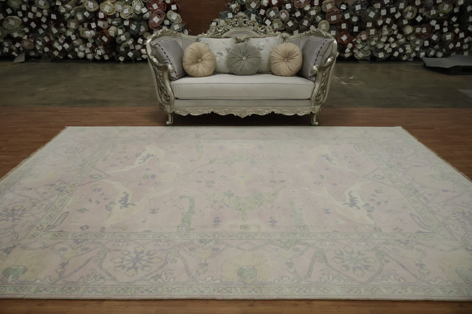Soft Pink Hand-Knotted Wool Oushak Living Room Rug 9' x 12'