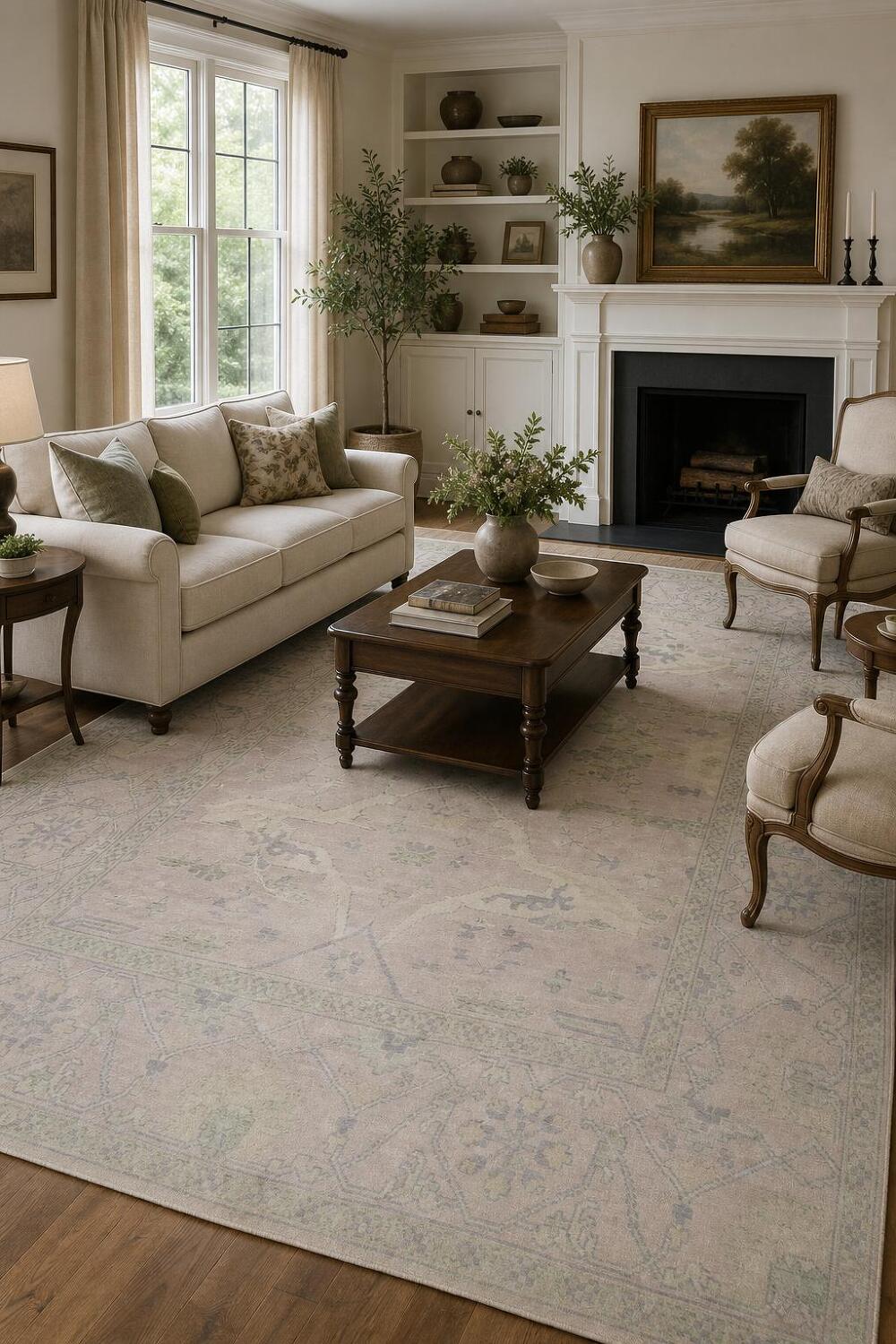 Soft Pink Hand-Knotted Wool Oushak Living Room Rug 9' x 12'
