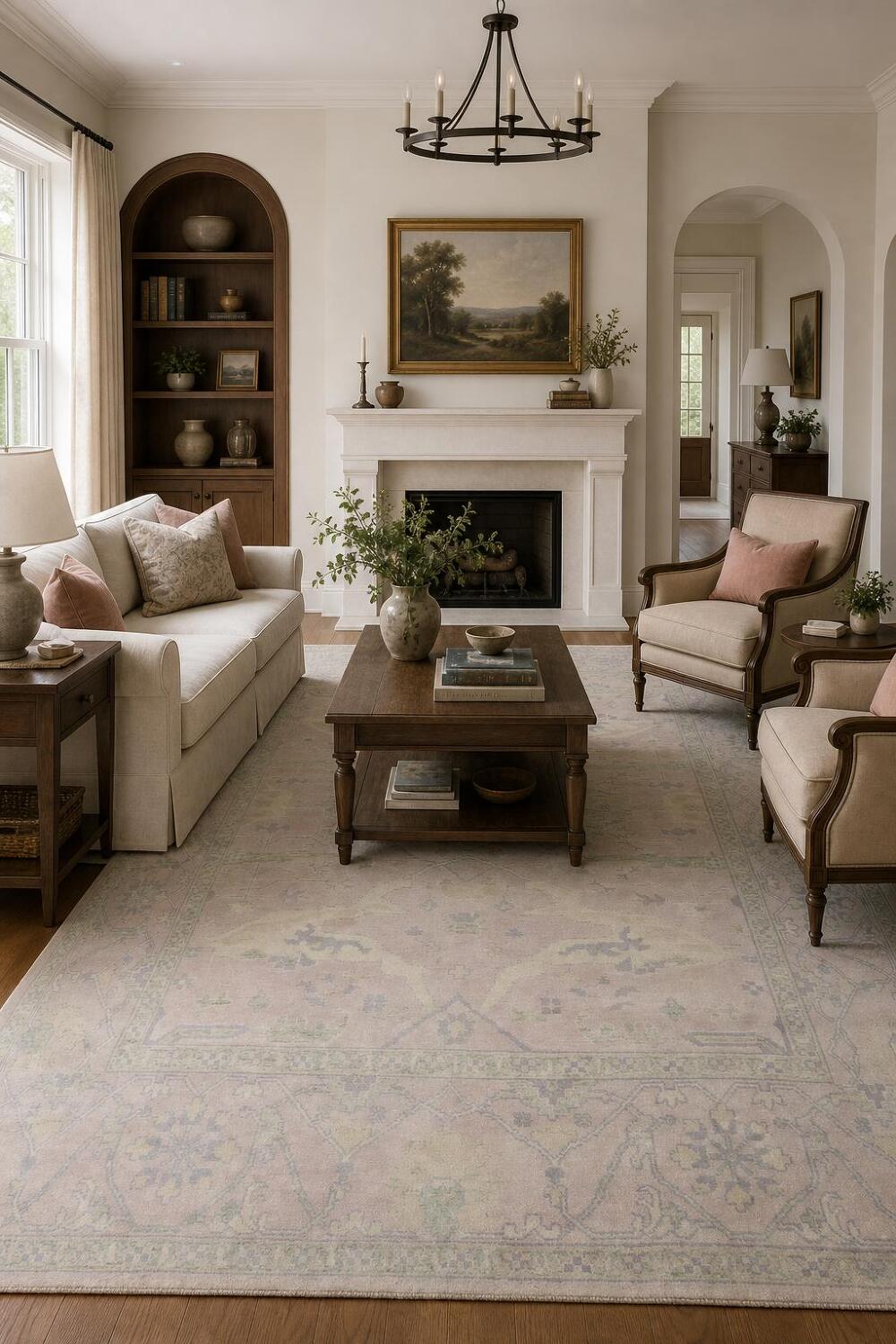 Soft Pink Hand-Knotted Wool Oushak Living Room Rug 9' x 12'
