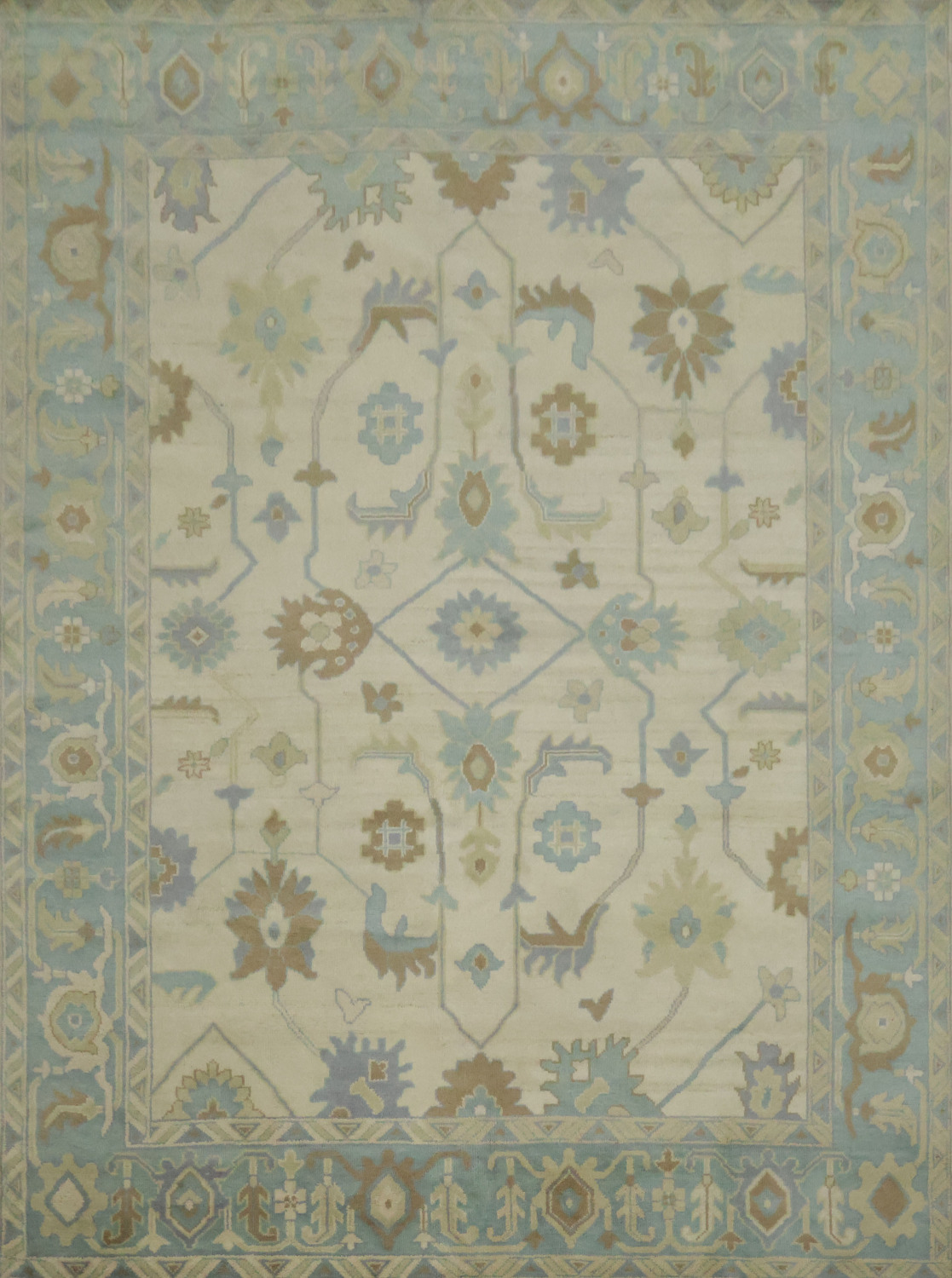 Beige with Blue Border Oushak Hand-Knotted Wool Rug 9' x 12'