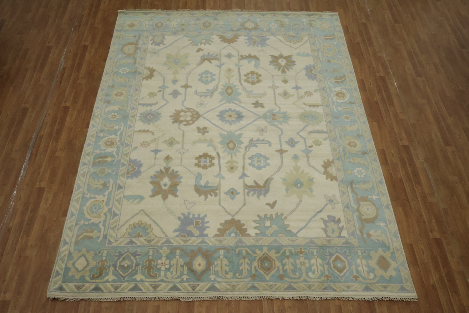 Beige with Blue Border Oushak Hand-Knotted Wool Rug 9' x 12'