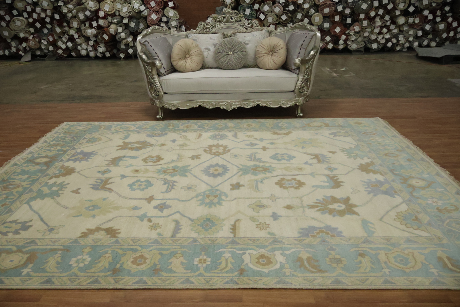 Beige with Blue Border Oushak Hand-Knotted Wool Rug 9' x 12'