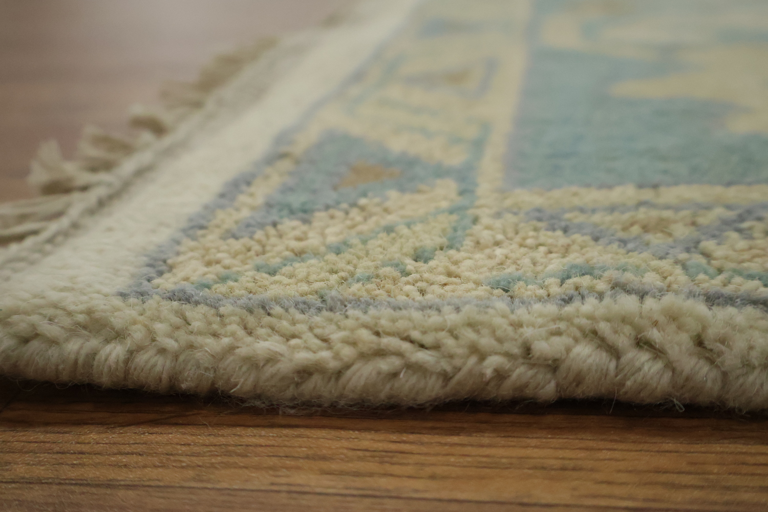 Beige with Blue Border Oushak Hand-Knotted Wool Rug 9' x 12'