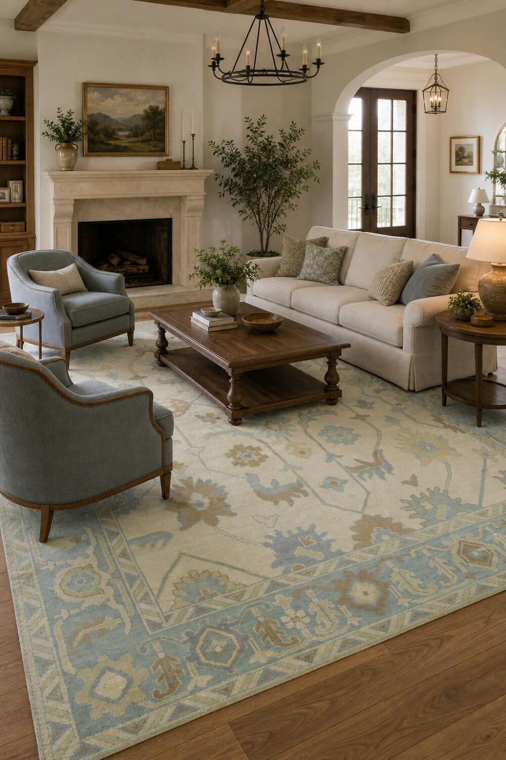Beige with Blue Border Oushak Hand-Knotted Wool Rug 9' x 12'