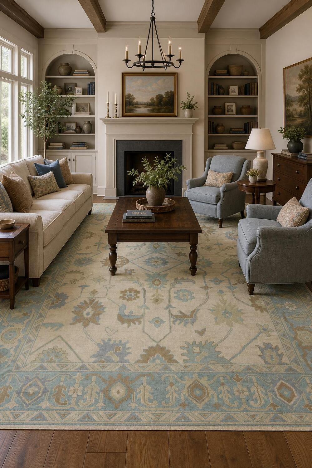 Beige with Blue Border Oushak Hand-Knotted Wool Rug 9' x 12'