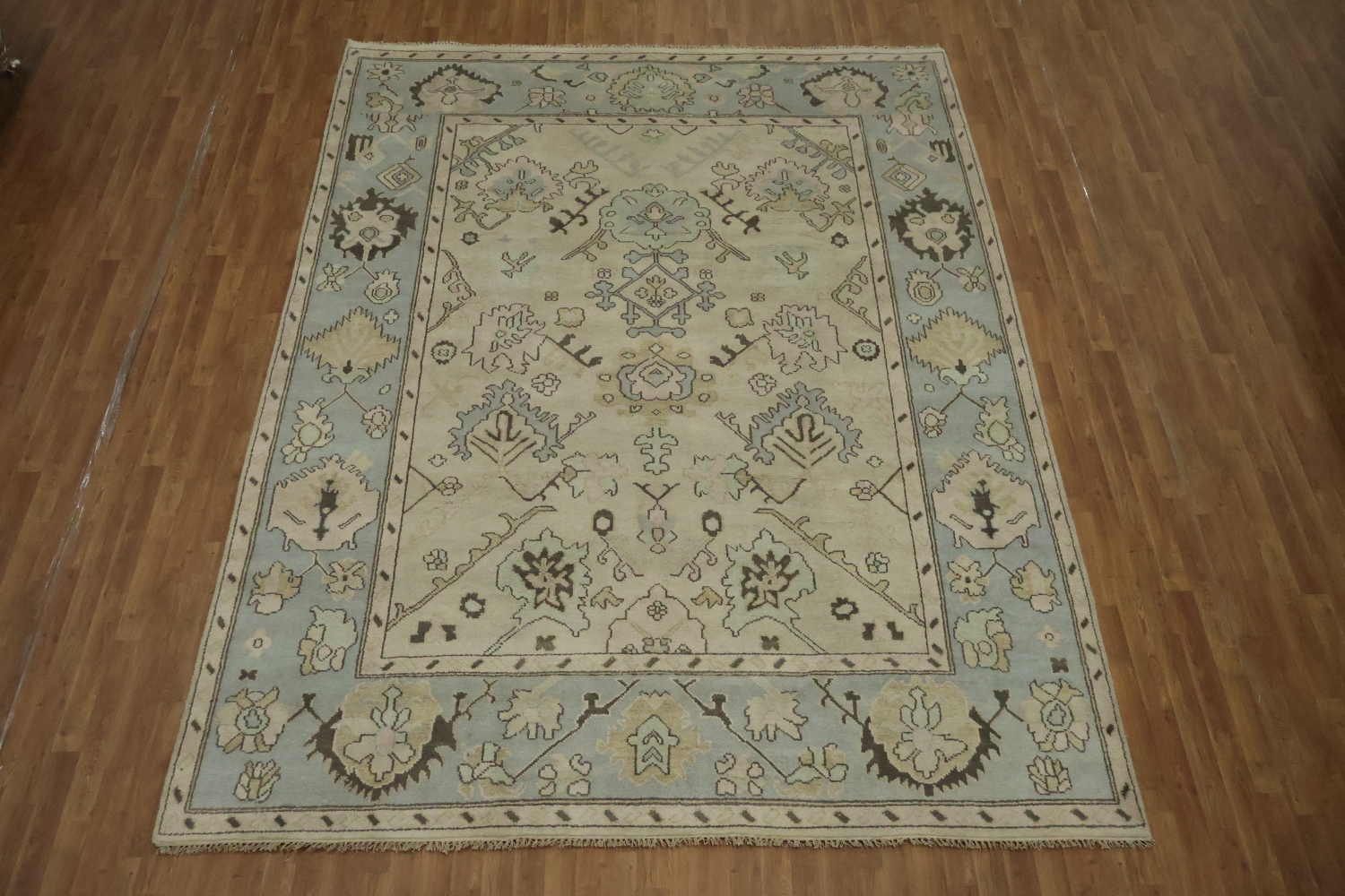 Light Green Traditional Oushak Geometric Wool Area Rug 9x12