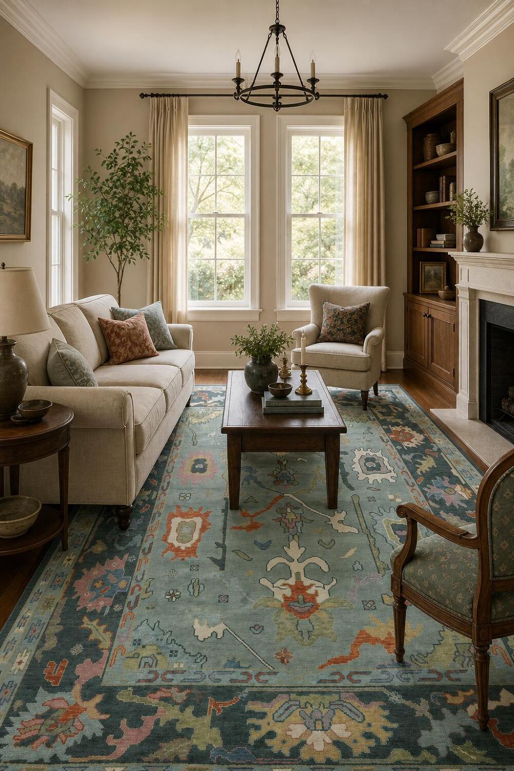 Pastel Hues and Classic Patterns Oushak Blue Living Room Rug 8x10 ft