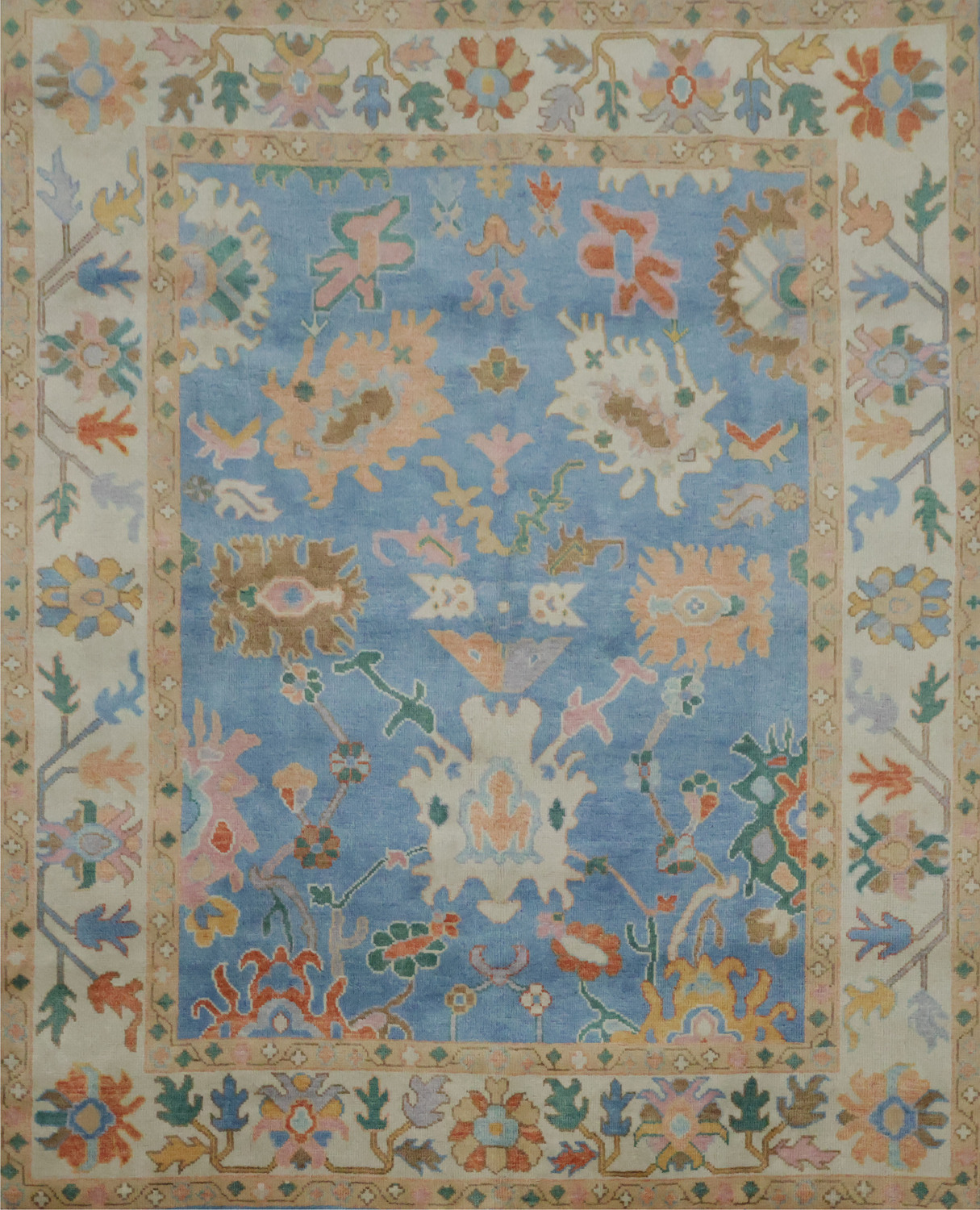 Traditional 8x10 Oushak Hand-Knotted Wool Area Rug - Blue/Ivory