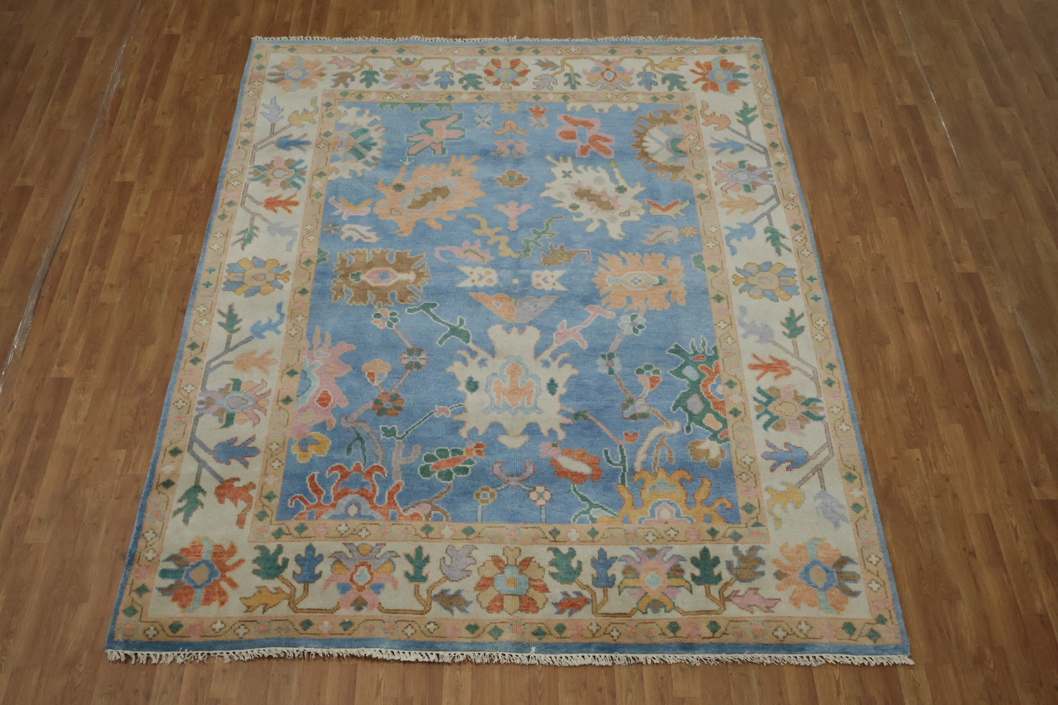 Traditional 8x10 Oushak Hand-Knotted Wool Area Rug - Blue/Ivory