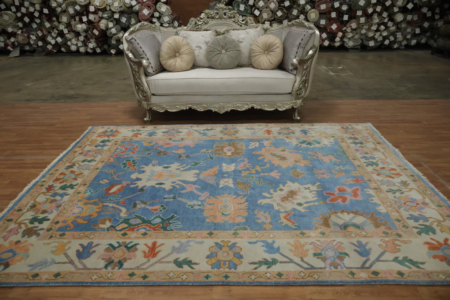 Traditional 8x10 Oushak Hand-Knotted Wool Area Rug - Blue/Ivory