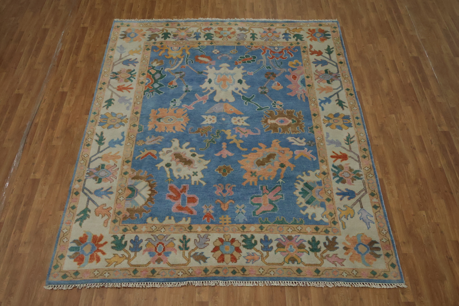 Traditional 8x10 Oushak Hand-Knotted Wool Area Rug - Blue/Ivory