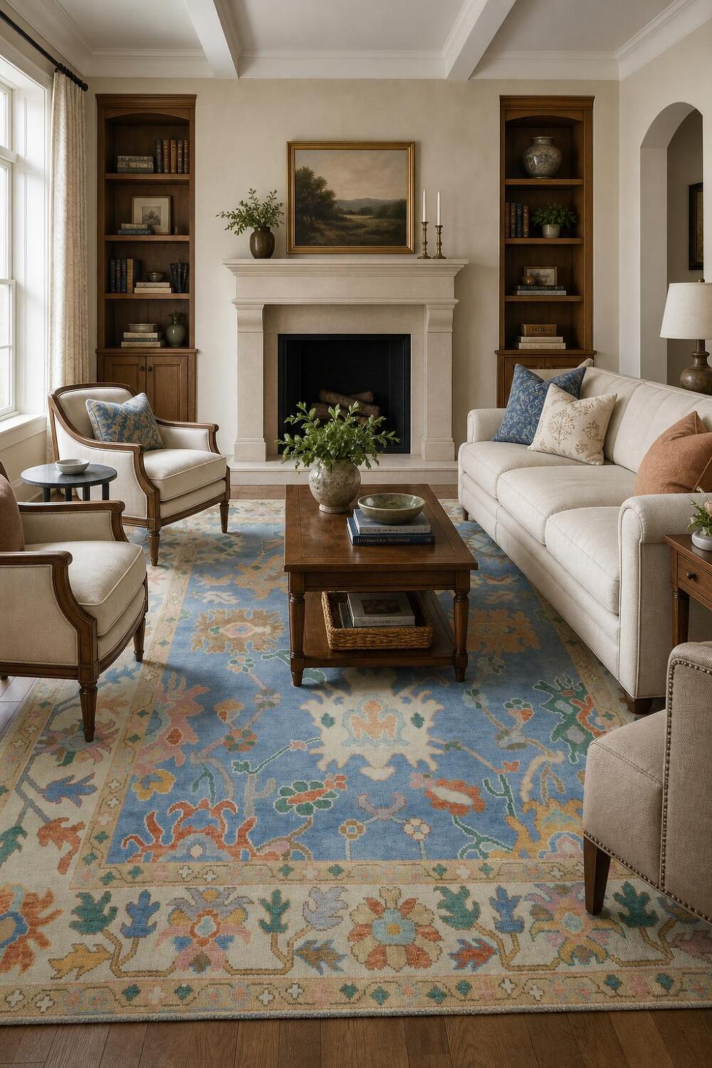 Traditional 8x10 Oushak Hand-Knotted Wool Area Rug - Blue/Ivory