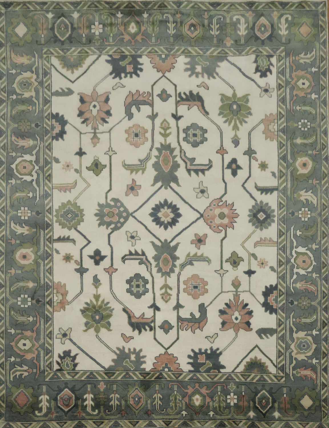 Traditional 9x12 Oushak Hand-Knotted Wool Area Rug - Ivory/Green