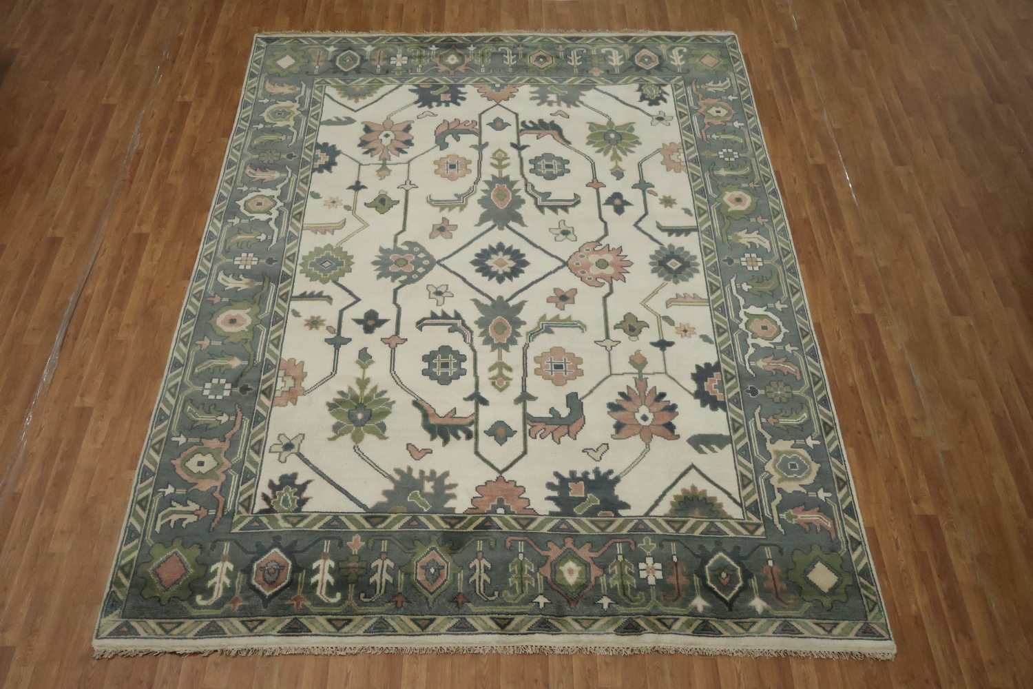 Traditional 9x12 Oushak Hand-Knotted Wool Area Rug - Ivory/Green