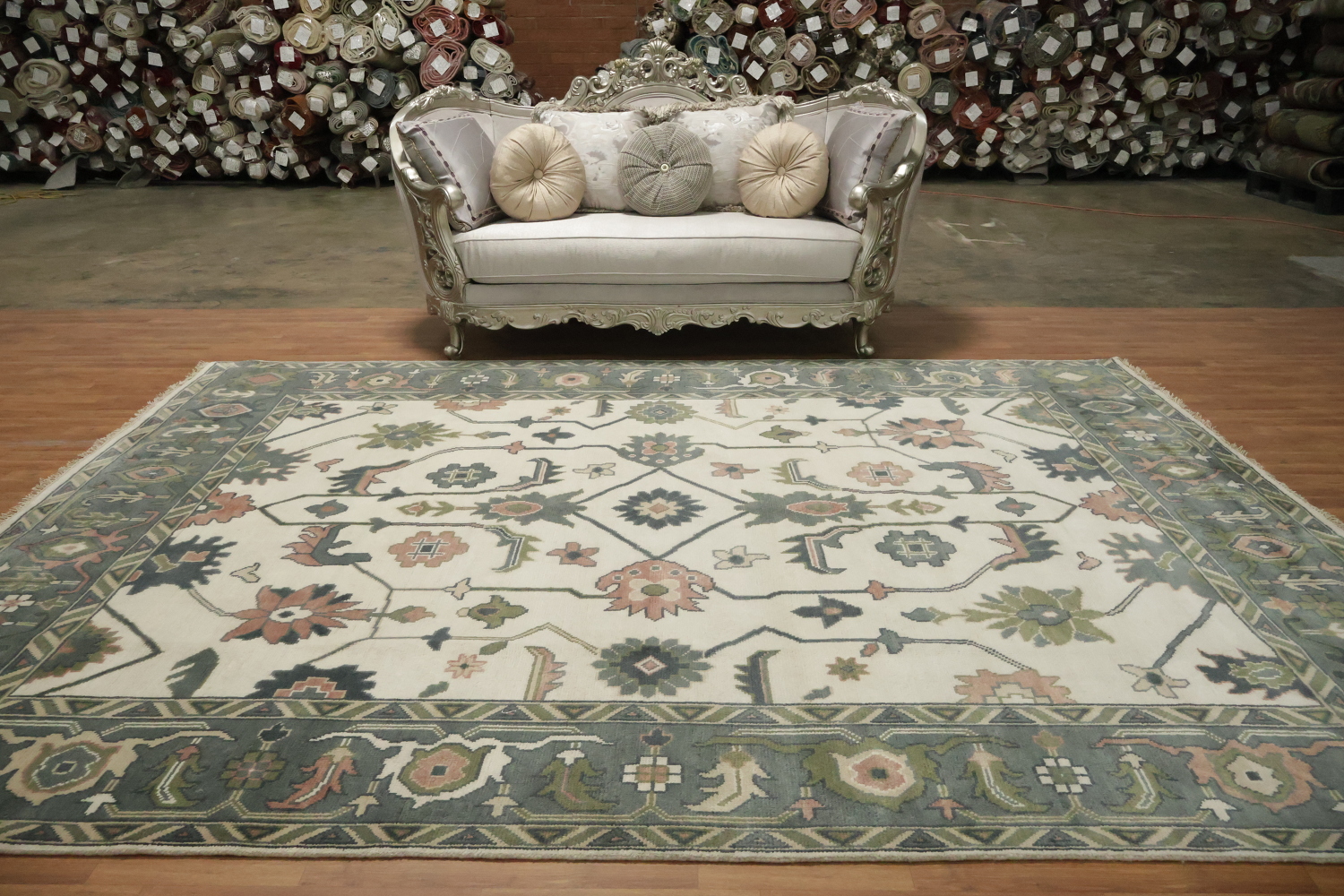 Traditional 9x12 Oushak Hand-Knotted Wool Area Rug - Ivory/Green