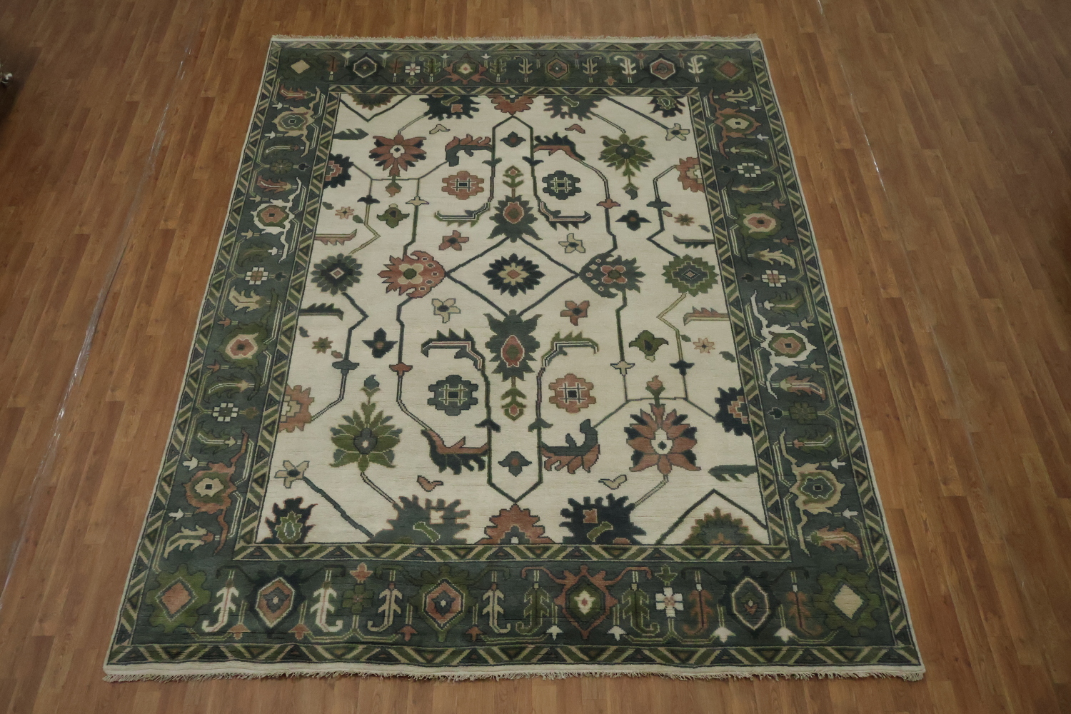 Traditional 9x12 Oushak Hand-Knotted Wool Area Rug - Ivory/Green