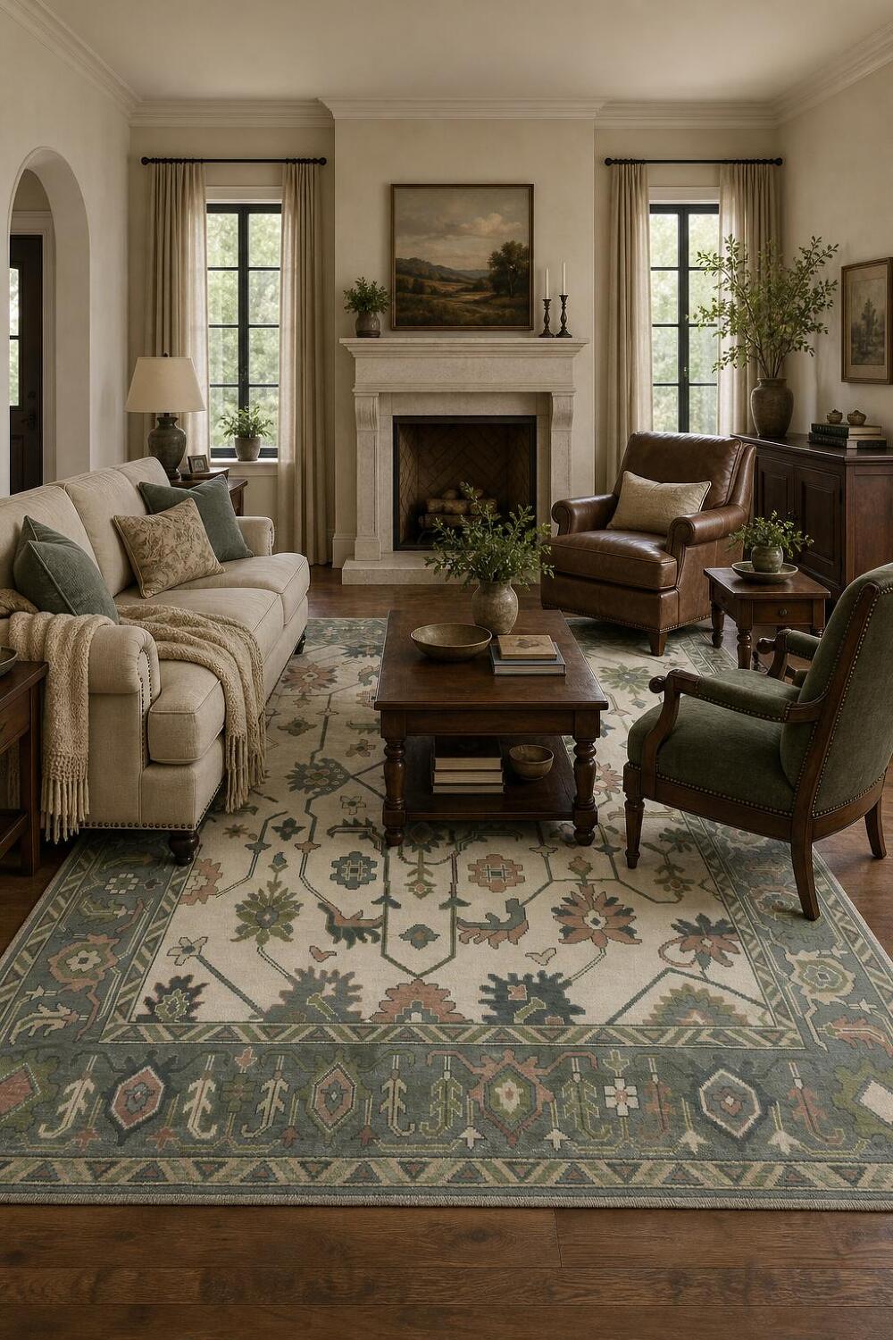 Traditional 9x12 Oushak Hand-Knotted Wool Area Rug - Ivory/Green