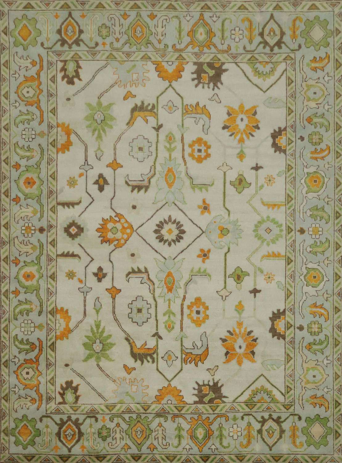9' x 12' Traditional Oushak Rug - Hand-Knotted Wool - Sage Green & Earthy Tones