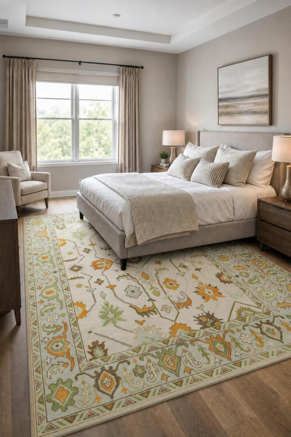 9' x 12' Traditional Oushak Rug - Hand-Knotted Wool - Sage Green & Earthy Tones