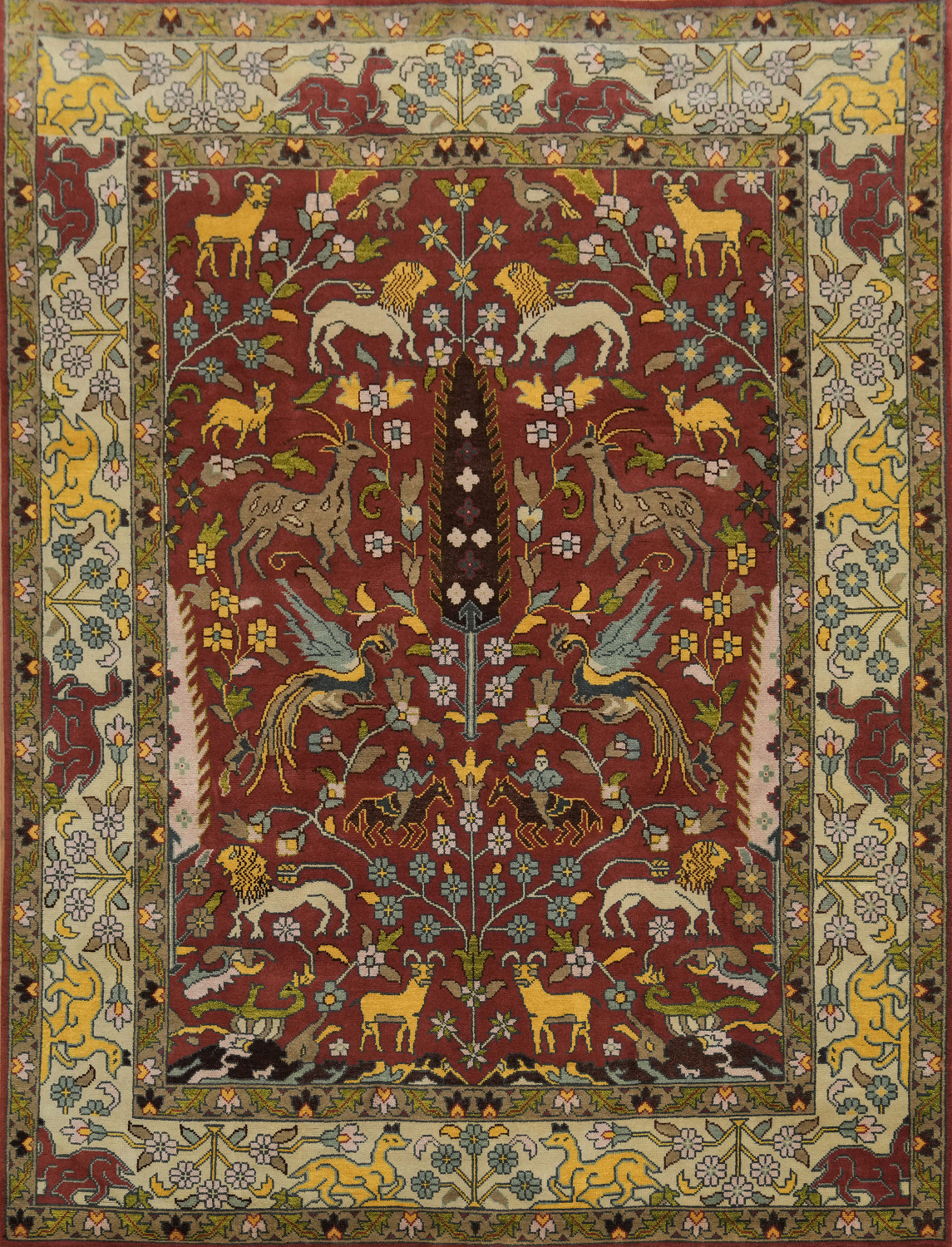 9x12 Traditional Animal Pictorial Oriental Rug - Crimson Red Wool