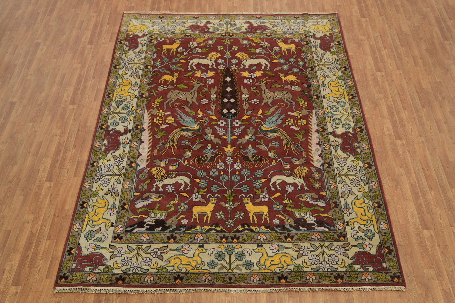 9x12 Traditional Animal Pictorial Oriental Rug - Crimson Red Wool