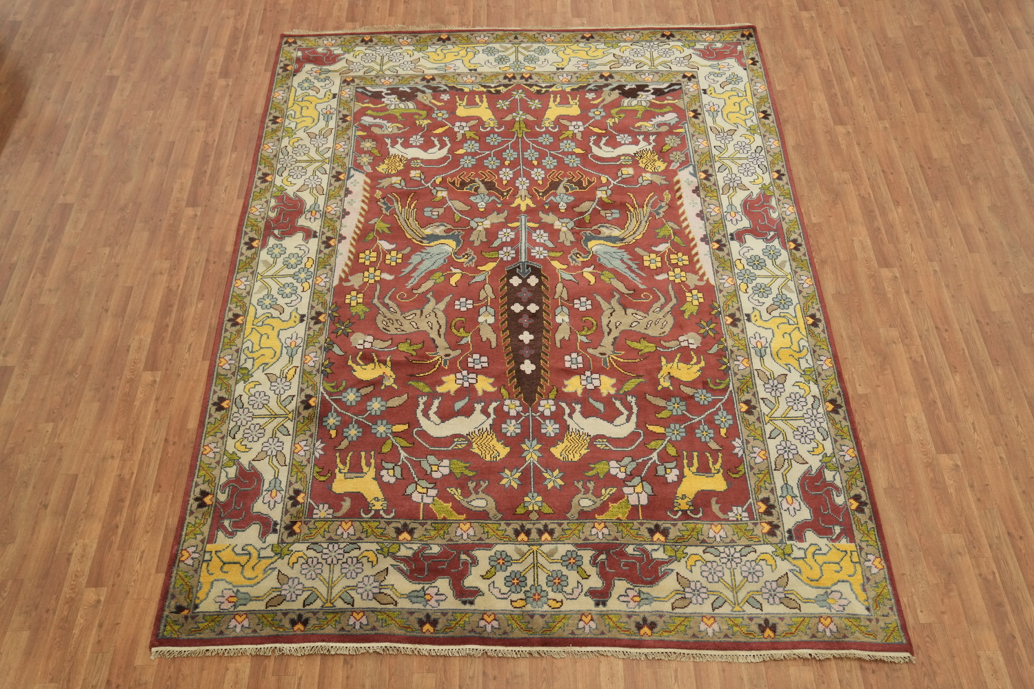 9x12 Traditional Animal Pictorial Oriental Rug - Crimson Red Wool