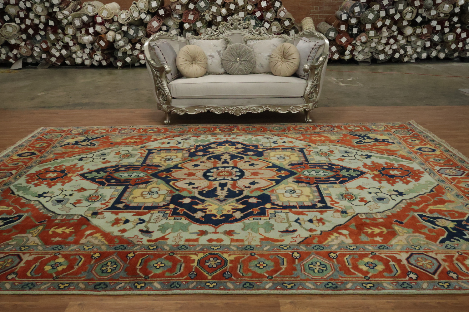 Light Blue and Rust Heriz Serapi Persian Style Large Rug 10'x14'