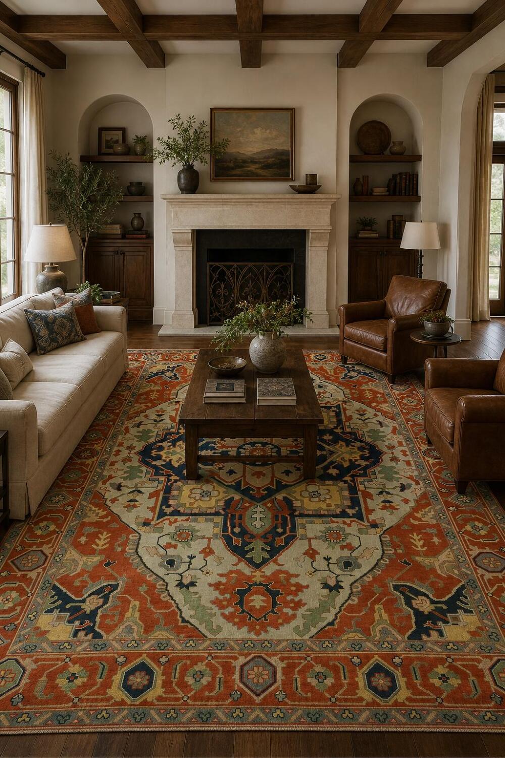 Light Blue and Rust Heriz Serapi Persian Style Large Rug 10'x14'