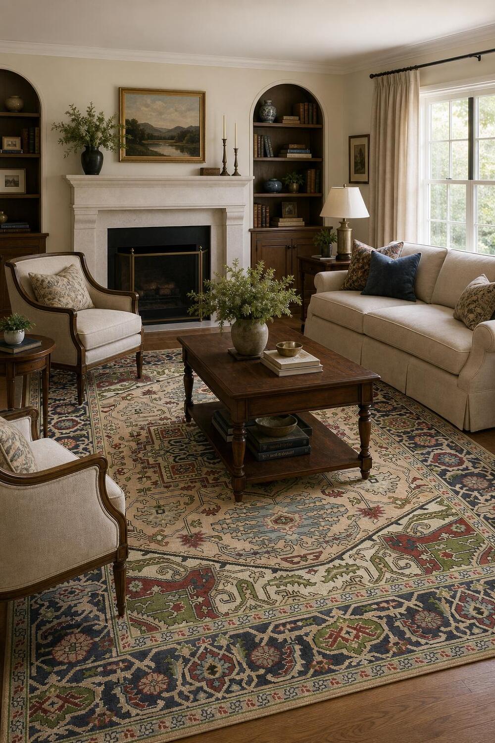 Peach and Navy Blue Heriz Serapi Oriental Area Rug 9x12