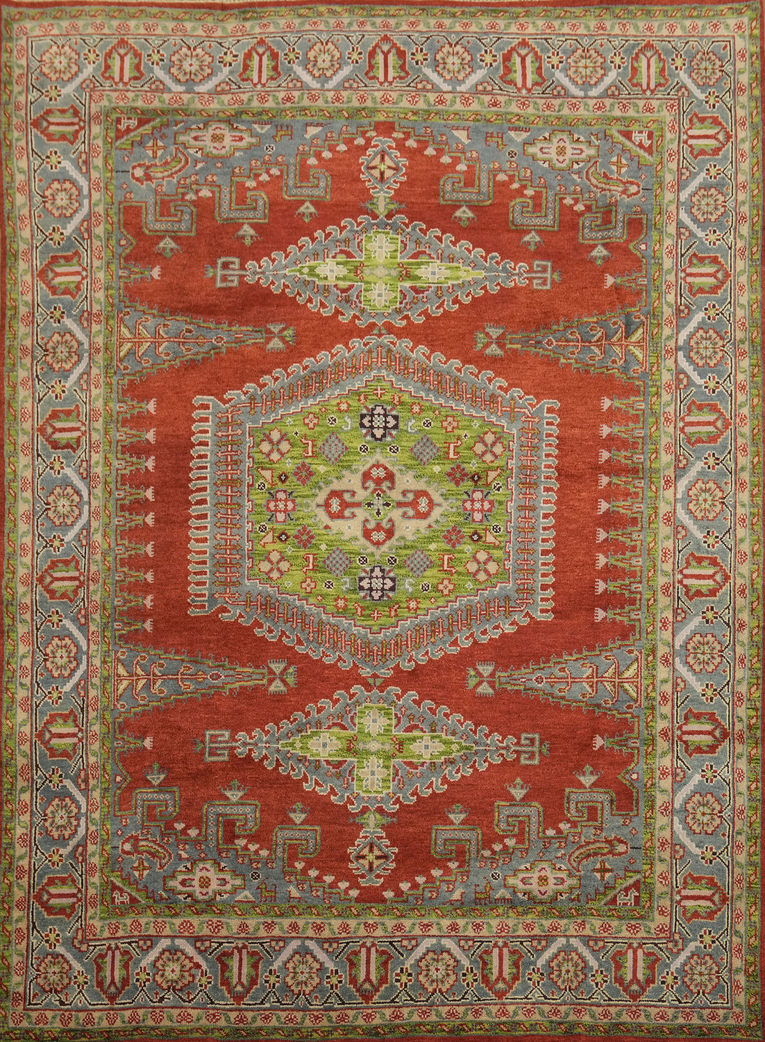 Red and Green Geometric Tribal Hand-Knotted Viss Wool Rug  9x12