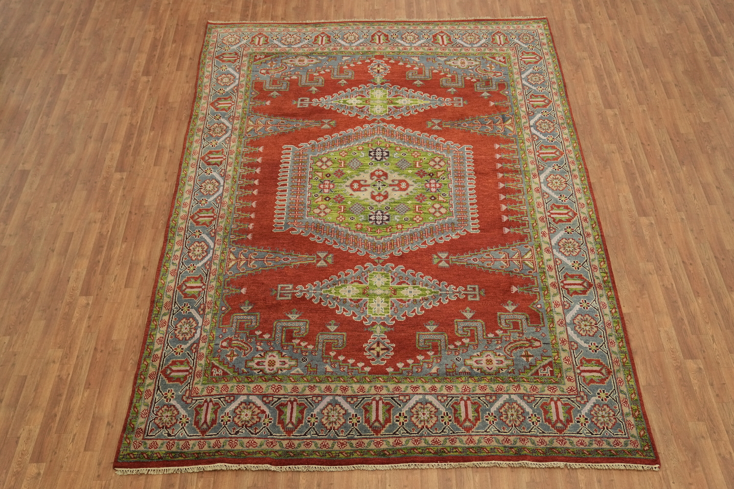 Red and Green Geometric Tribal Hand-Knotted Viss Wool Rug  9x12