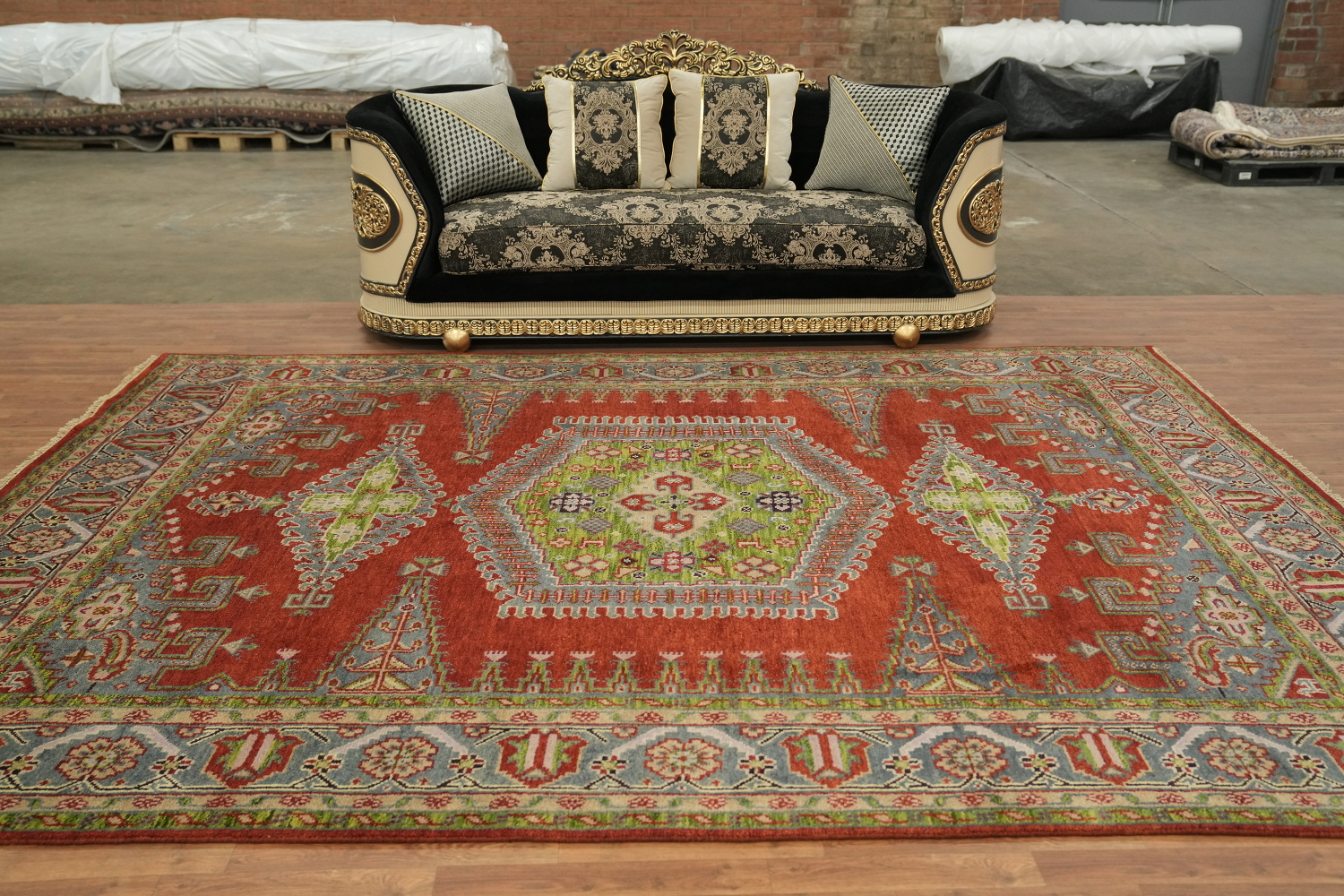 Red and Green Geometric Tribal Hand-Knotted Viss Wool Rug  9x12