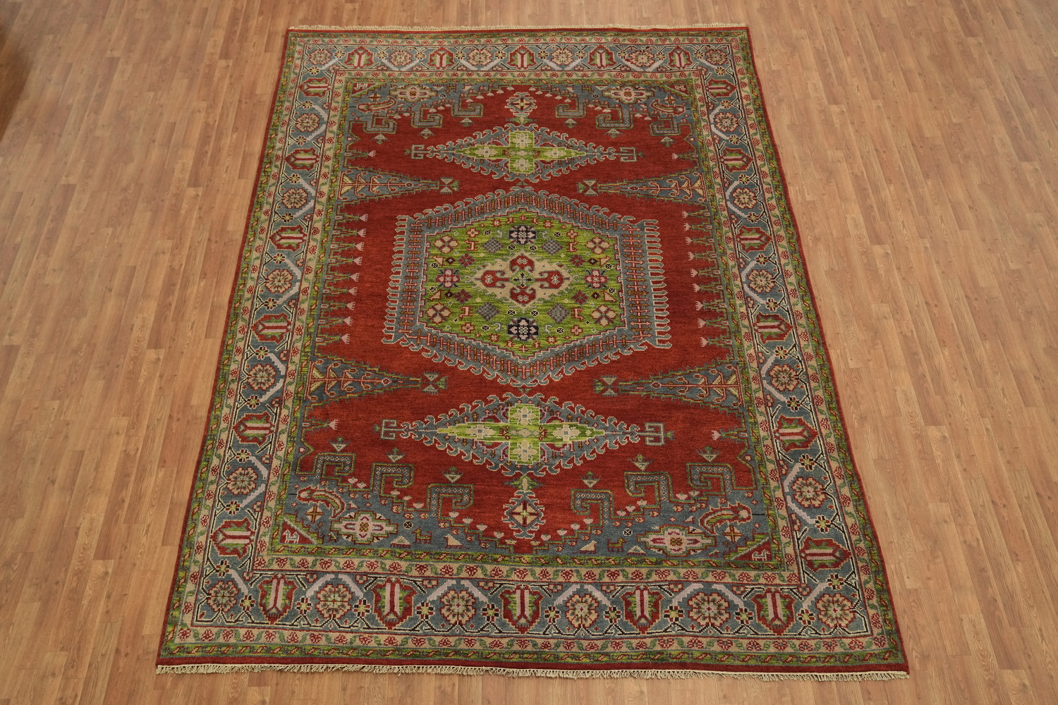 Red and Green Geometric Tribal Hand-Knotted Viss Wool Rug  9x12