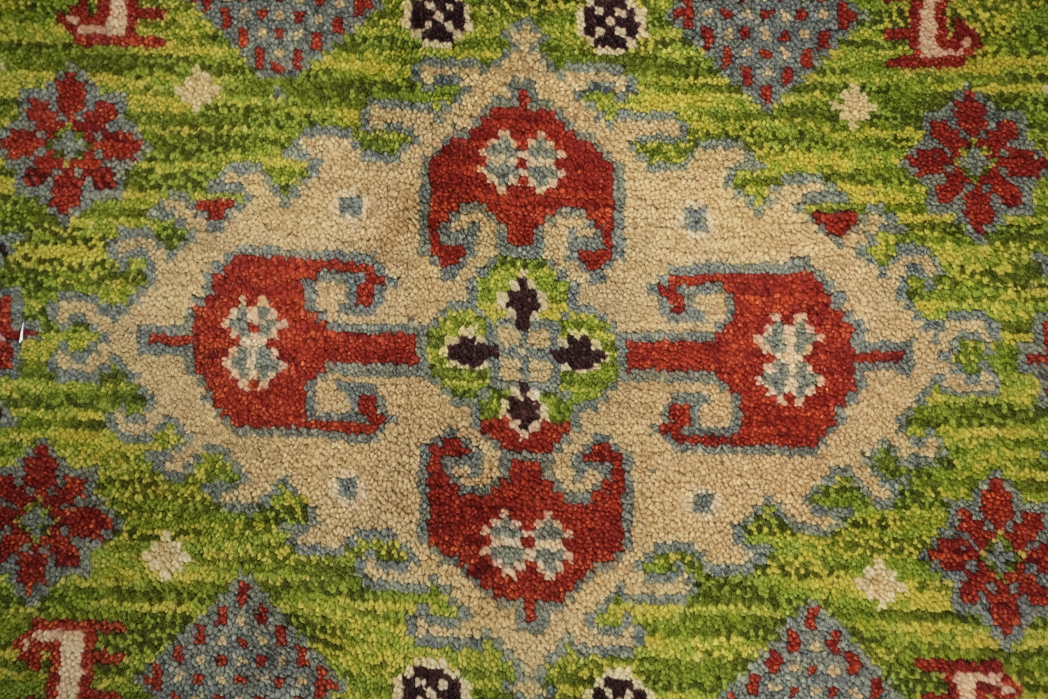 Red and Green Geometric Tribal Hand-Knotted Viss Wool Rug  9x12