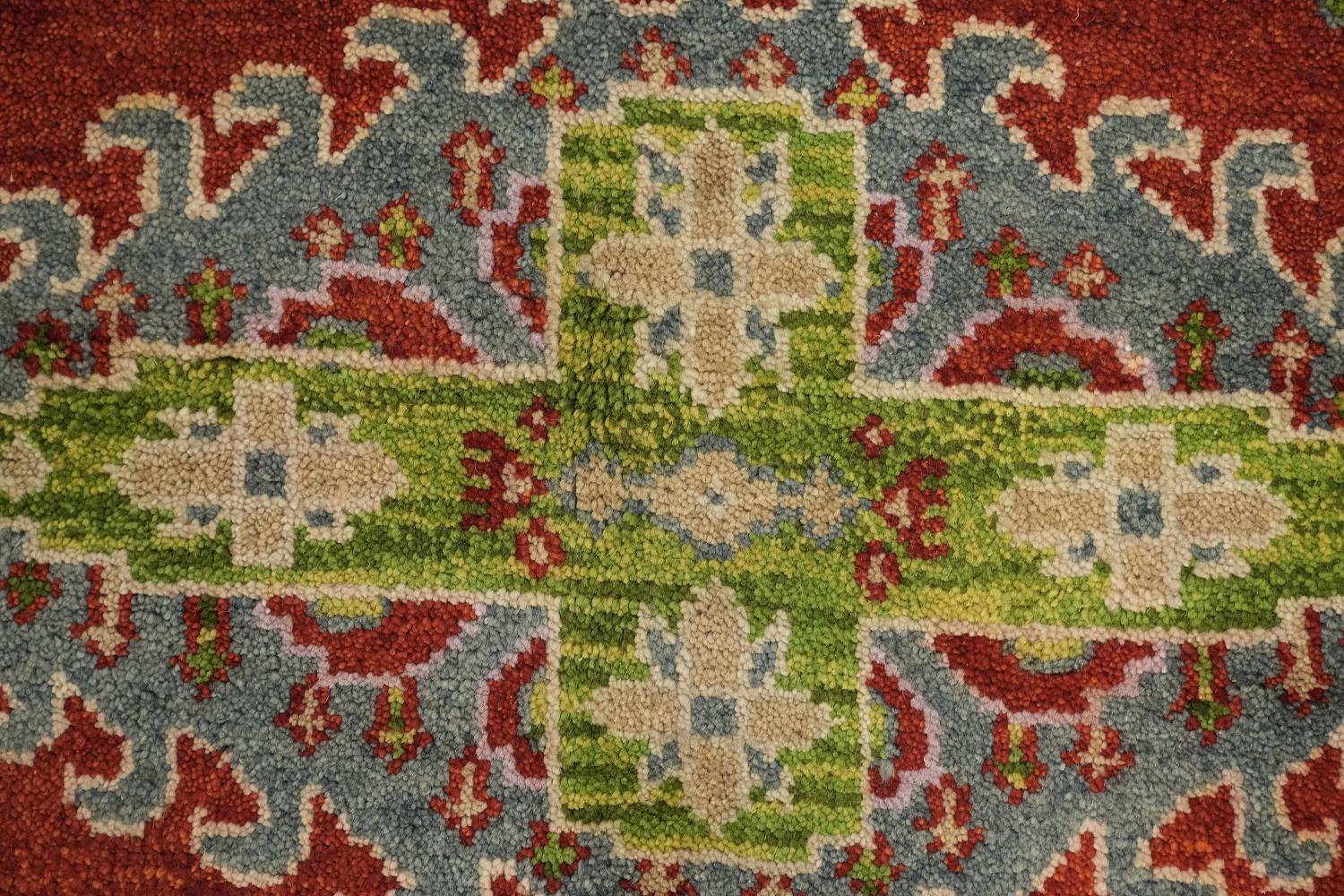 Red and Green Geometric Tribal Hand-Knotted Viss Wool Rug  9x12