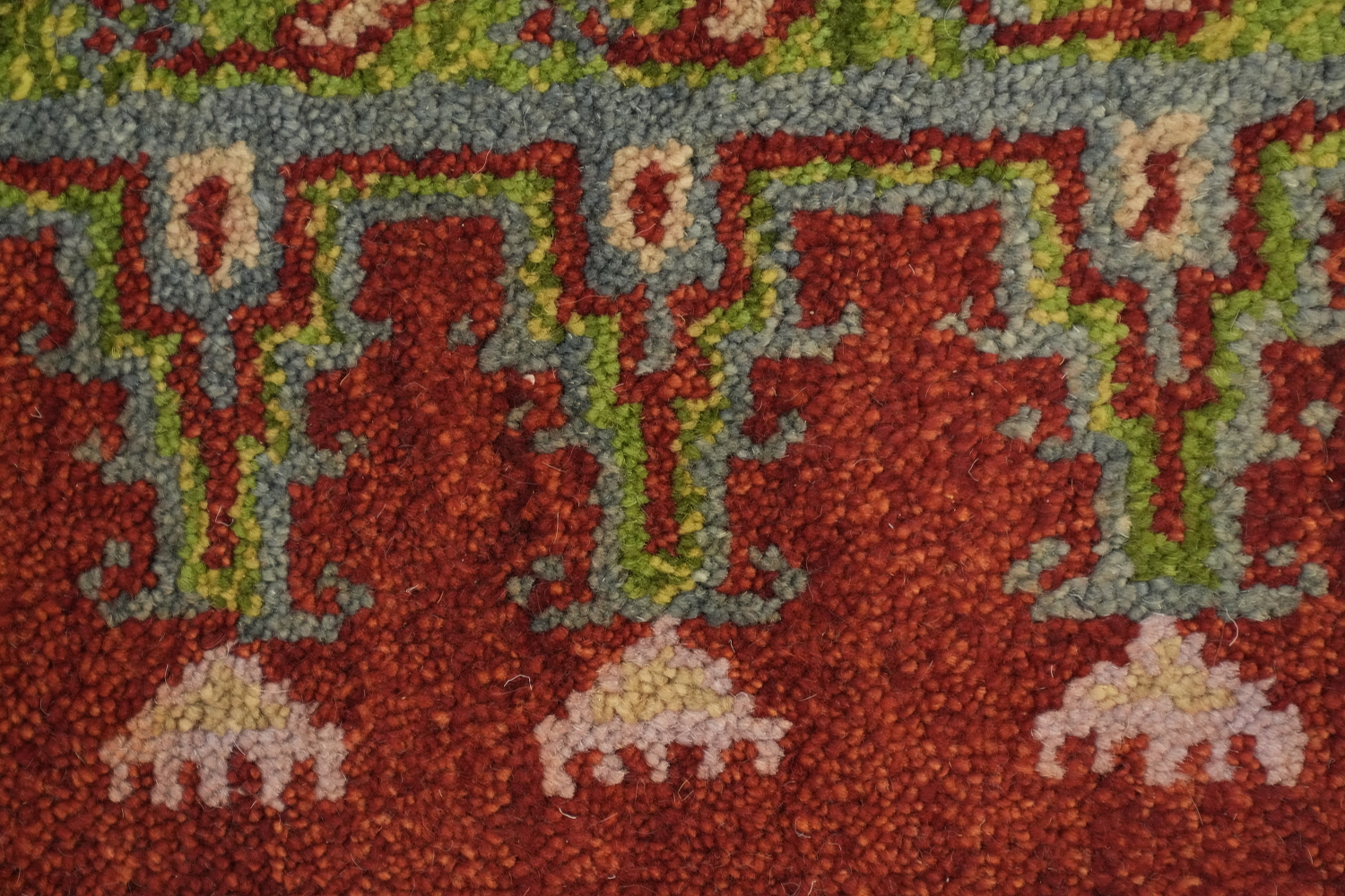 Red and Green Geometric Tribal Hand-Knotted Viss Wool Rug  9x12