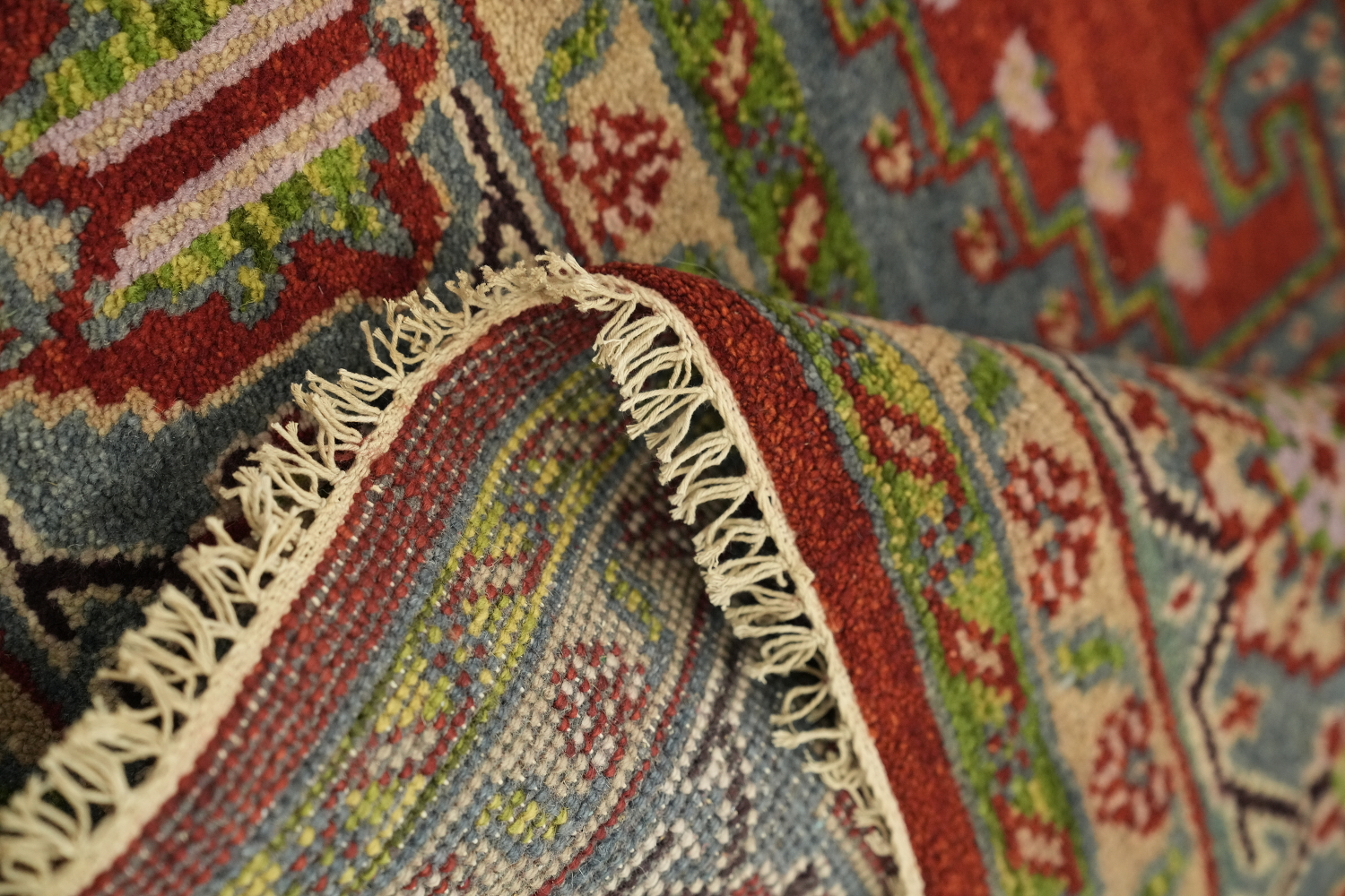 Red and Green Geometric Tribal Hand-Knotted Viss Wool Rug  9x12