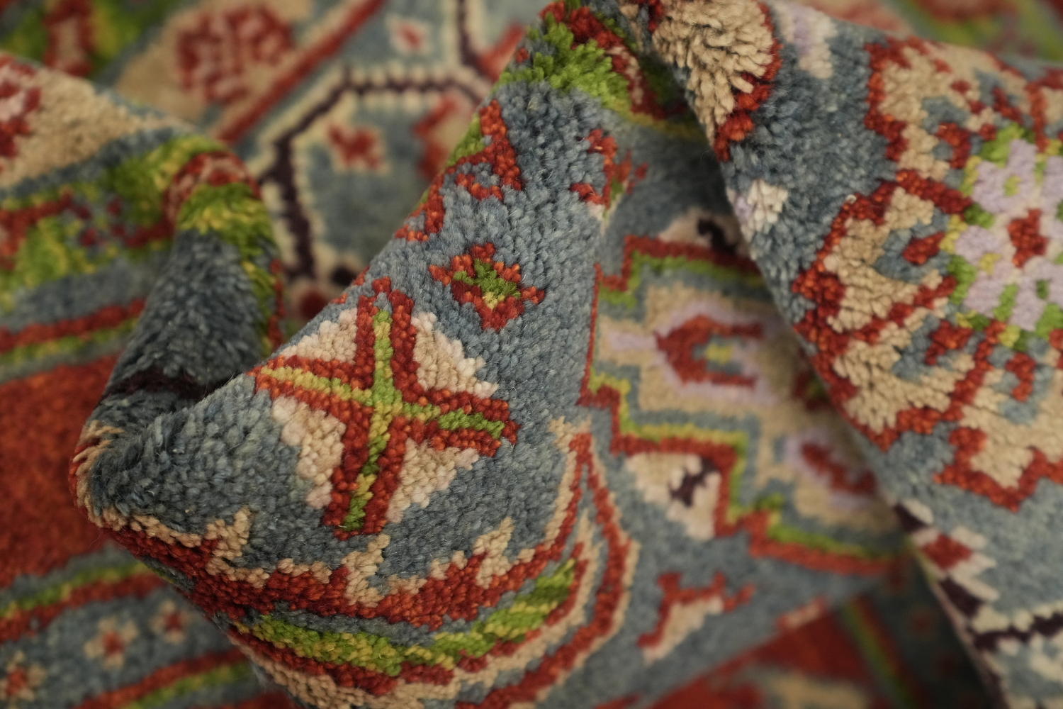 Red and Green Geometric Tribal Hand-Knotted Viss Wool Rug  9x12